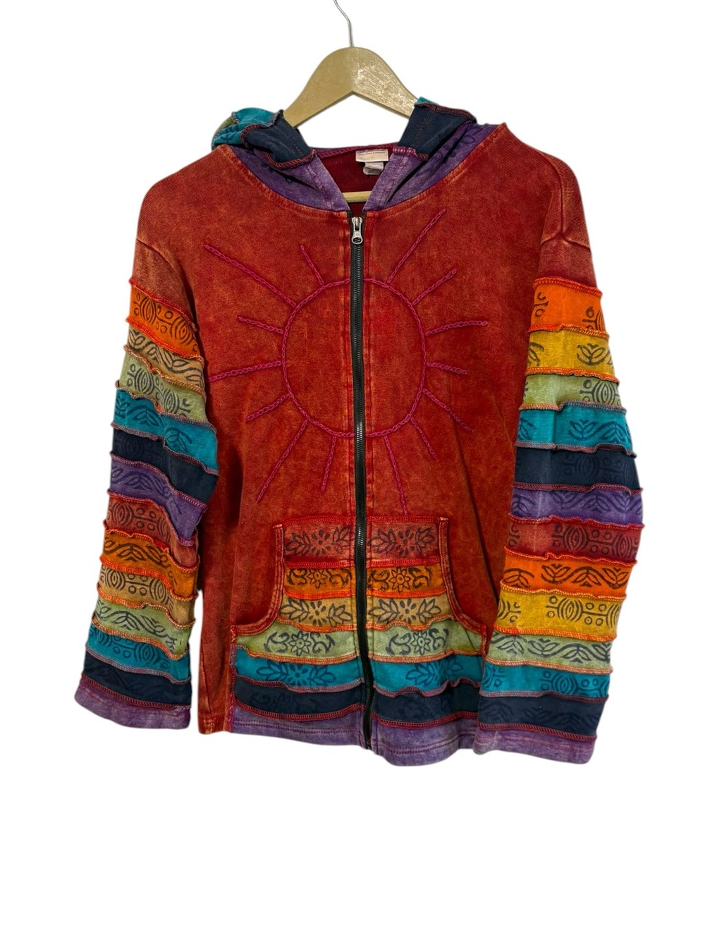 Greater Good Network Size L/XL Multicolor Patchwork Zip Up Hoodie Boho Hippie